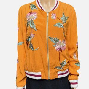 Anthropologie Elevenses Embroidered Bomber Jacket Floral Tangerine Size S